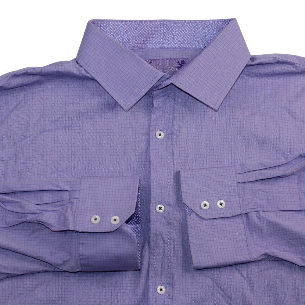 English Laundry Neck Sz 19 Flip Cuff Purple Gingham Check Dress Shirt Clubwear - Picture 4 of 15